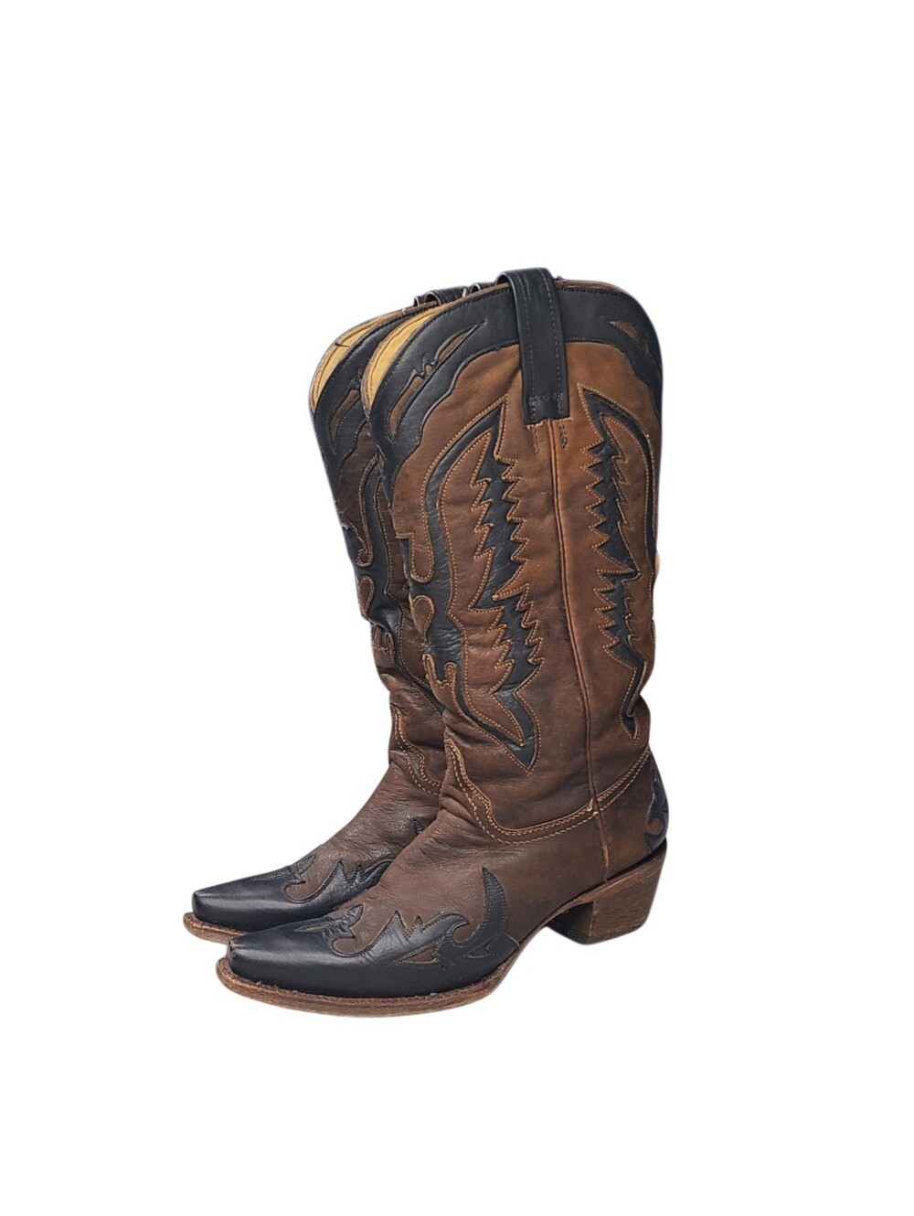 Corral Vintage Brown Black Leather Boots Womens 7 M Eagle Wings Heart Overlay